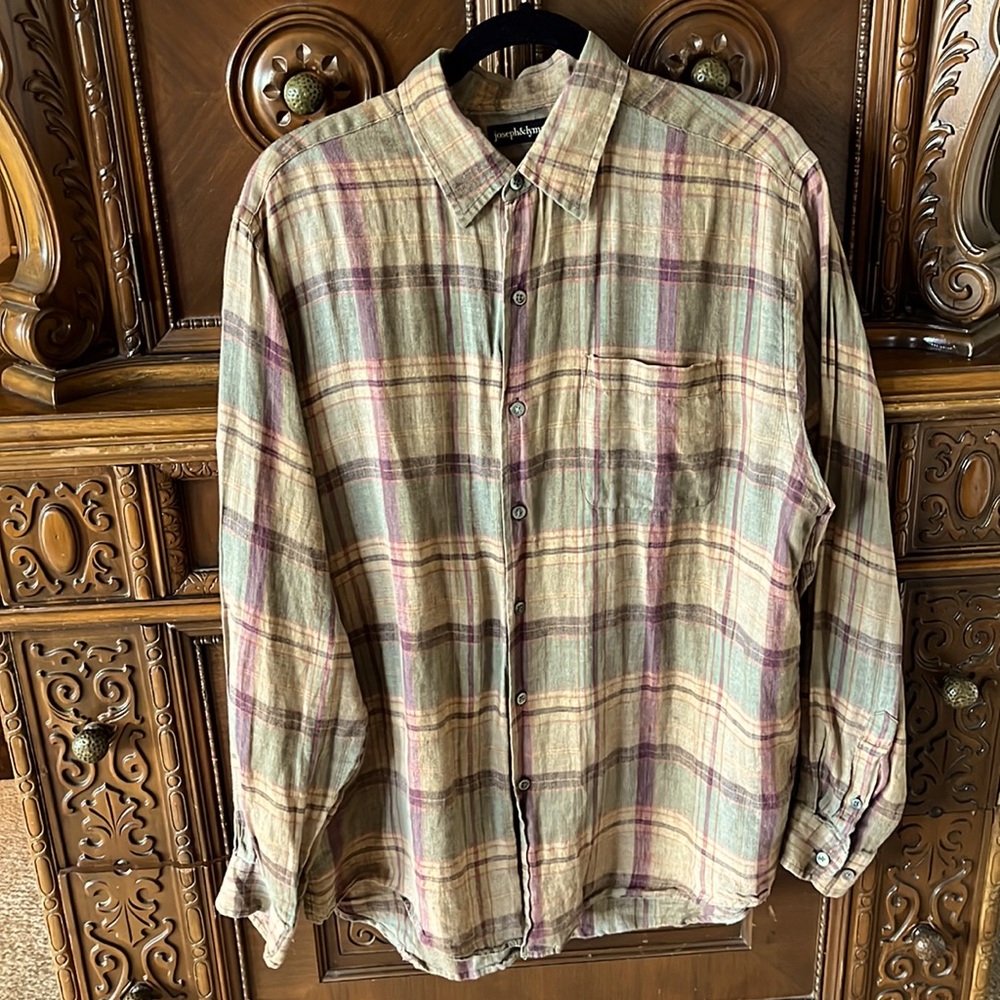 Joseph &Lyman 100% linen oversized checkered button down resort preppy shirt